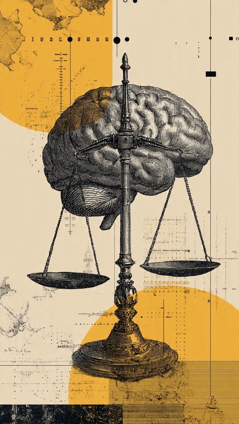 Engraving of a brain balanced on the scales of justice